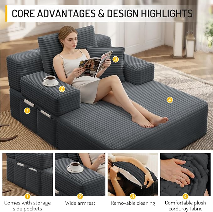 2-in-1 Convertible Chaise Lounge Indoor, 60.2" Corduroy Upholstered Chaise - Image 5