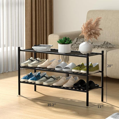 3-Tier Bamboo Long Shoe Rack, Free Standing Wood Shoe Shelf Storage Organizer - Image 3