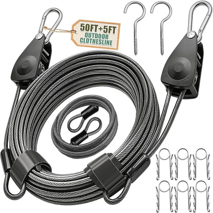 NAZOU Outdoor Retractable Clothesline, 3/16" 50ft+5ft Heavy Duty Coated Steel by NAZOU