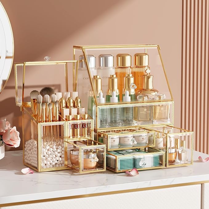 Clear Makeup Organizer with Gold Frame – Countertop Vanity Organizer by Coralhouse