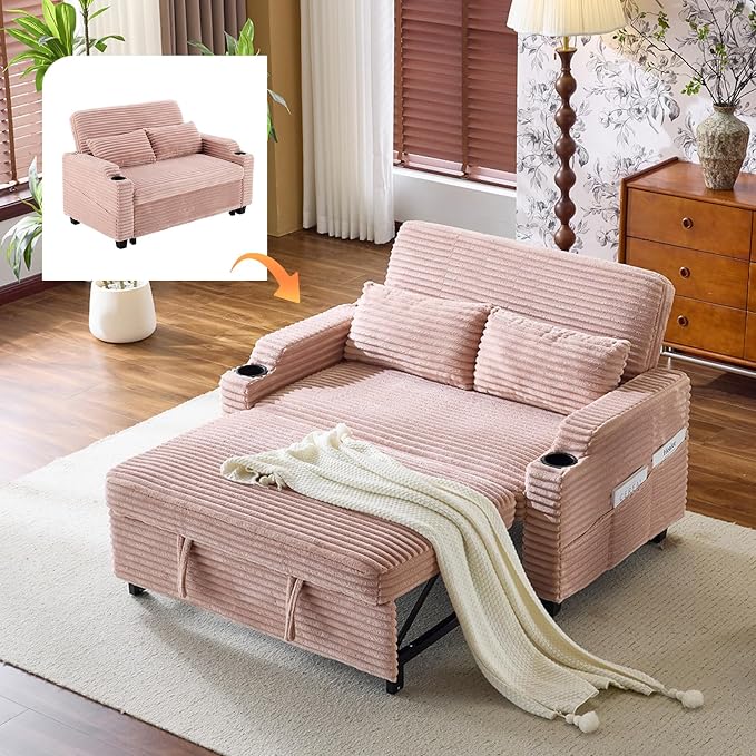 VINGLI Pink Futon Sofa Bed Convertible Loveseat Sleeper Sofa Couch, Corduroy by VINGLI