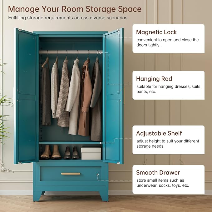 71" Tall Metal Wardrobe Cabinet - Image 5