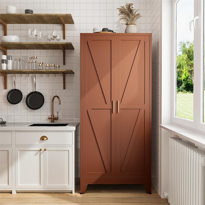 COFaR 71" Metal Pantry Cabinet in Brown, 5-Tier Storage - Image 3