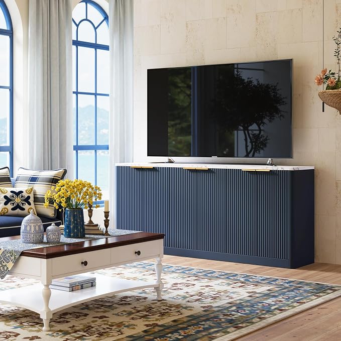 Evermagin 67" Fluted Blue Buffet Cabinet Sideboard - Image 3