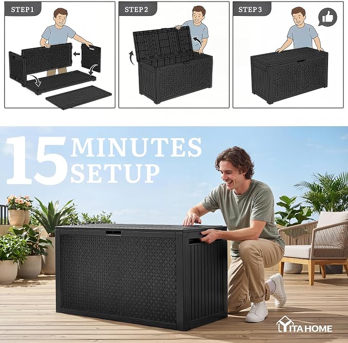 YITAHOME 95 Gallon Outdoor Storage Deck Box, Waterproof Resin Deck Box w/Handles - Image 9