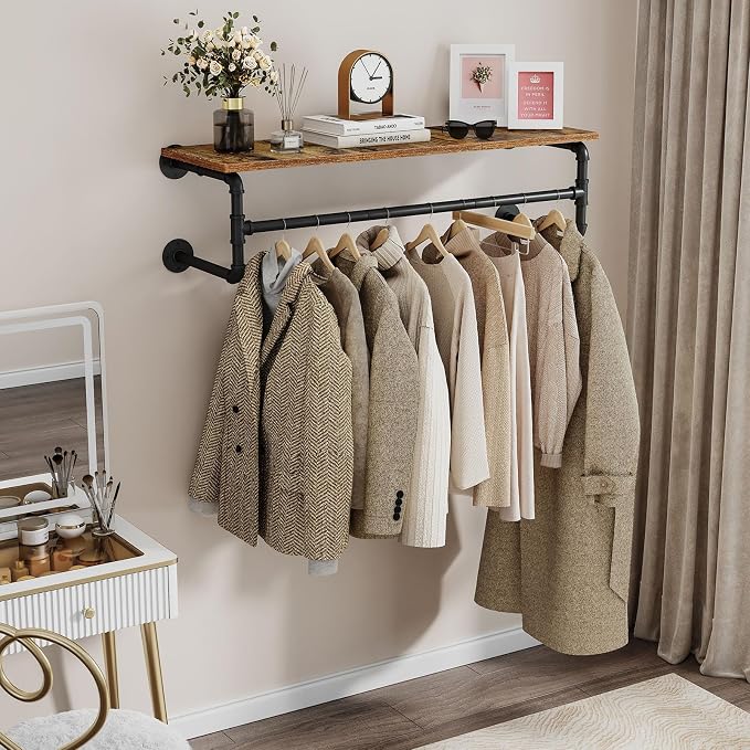 Clothes Rack with Top Shelf, 43.3in Industrial Pipe Wall Mounted Garment Rack - Image 7