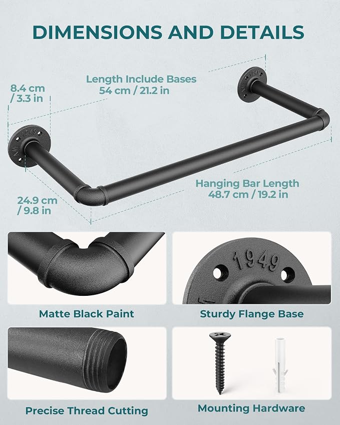 OROPY Industrial Pipe Clothes Rack, Heavy Duty Wall Mounted Iron Garment Bar | - Image 4