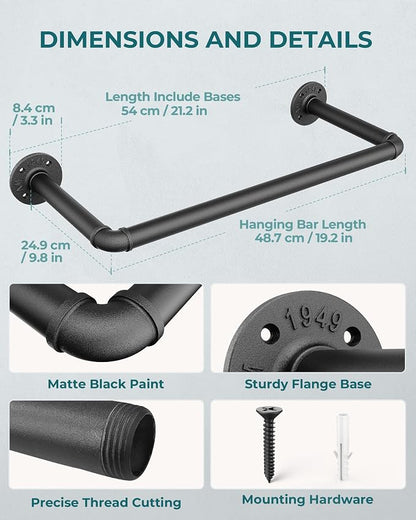 OROPY Industrial Pipe Clothes Rack, Heavy Duty Wall Mounted Iron Garment Bar | - Image 4