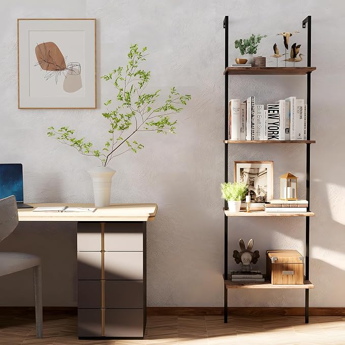Ladder Shelf 4 Tiers Metal Industrial Bookshelf, Wall Mount Wide Book Case - Image 4