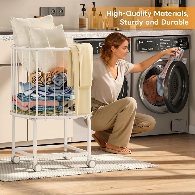 29-Gallon Laundry Cart with Wheels, Rolling Round Metal Laundry Basket Cart - Image 5