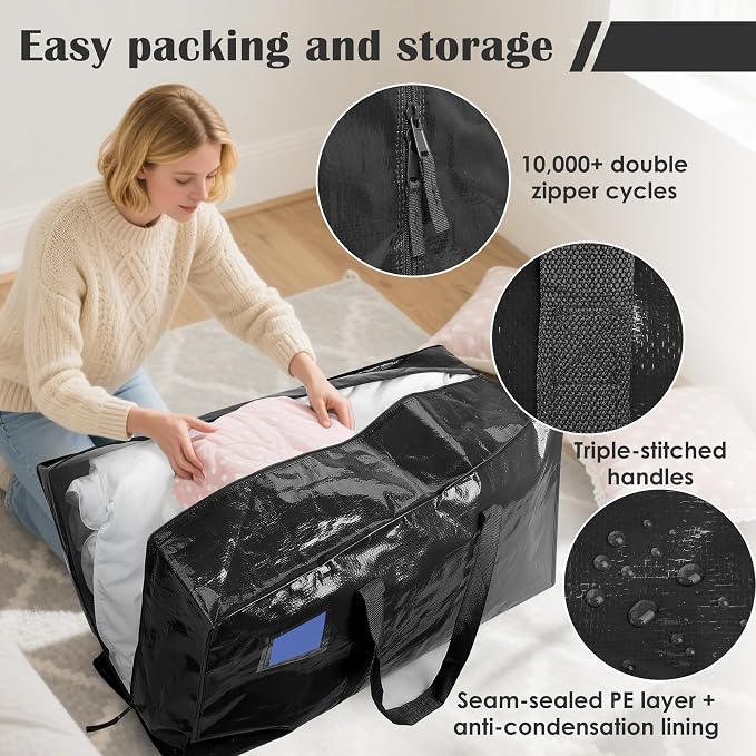 12 Pack Moving Bags with Full-Open Side Zipper, Extra Large 93L Heavy Duty - Image 3