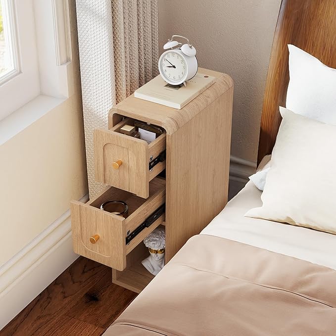Narrow Nightstand with 2 Drawers, Small Bedside Tables, Mid-Century Modern Slim - Image 5