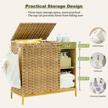 Laundry Hamper with Lid, 110L Rattan Laundry Hamper 2 Section with 50L Storage - Image 5
