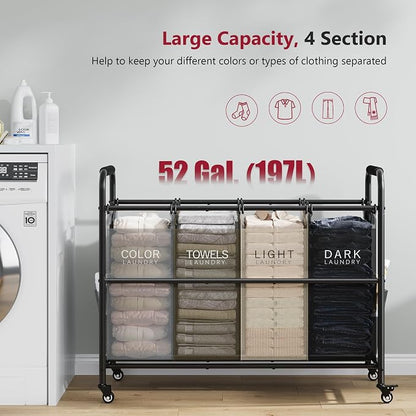Tajsoon 4 Bag Laundry Sorter Cart, 4 Section Laundry Hamper Sorter - Image 4