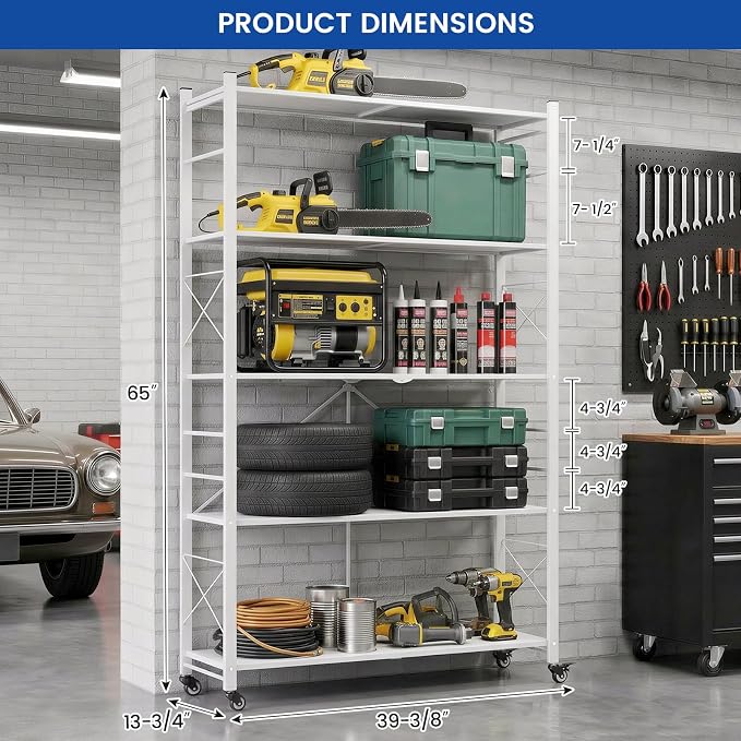 ALANNG 40" W Foldable 5-Tier Storage Shelves on Wheels Adjustable | Removable - Image 3
