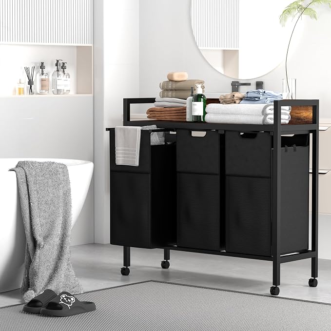 Laundry Sorter 3 Section, 360°Rolling Laundry Basket, 3 Pull-Out and Removable - Image 3