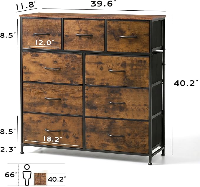 WLIVE Tall Dresser for Bedroom, 9 Drawer Chest of Drawers, Rustic Brown | 9 - Image 3