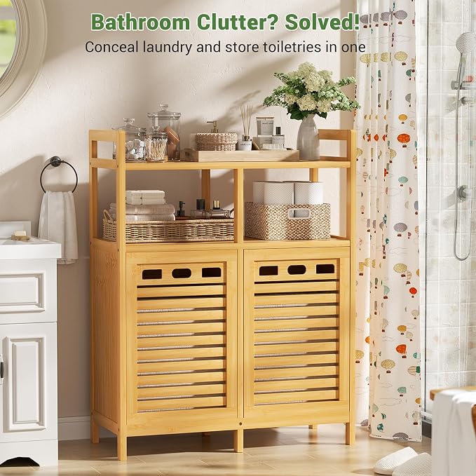 Homykic Tilt Out Laundry Hamper Cabinet, Bamboo Double Laundry Hamper - Image 2