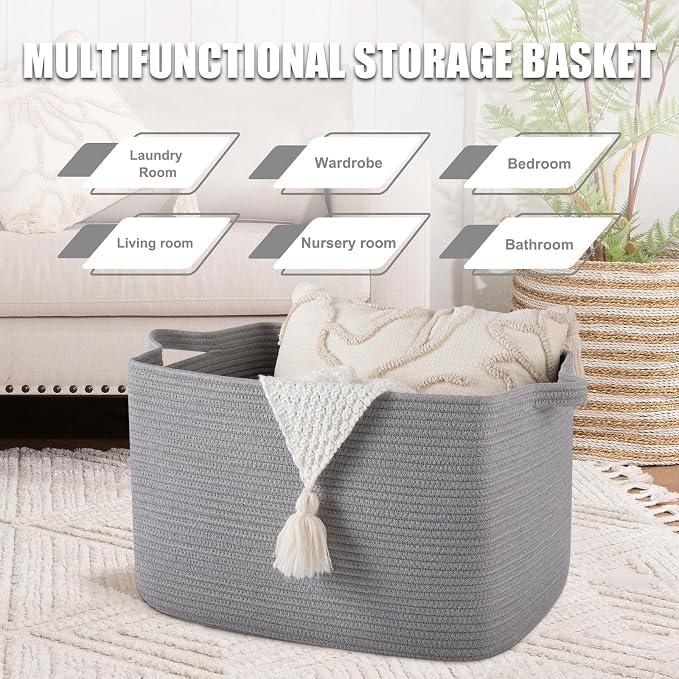 65L Large Storage Basket, Cotton Rope Woven Blanket Basket, Toy Storage - Image 4