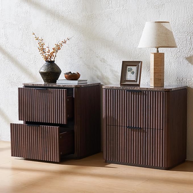 Fluted Nightstand with 2 Drawers, Bedside Table with Faux Marble-Top, - Image 8