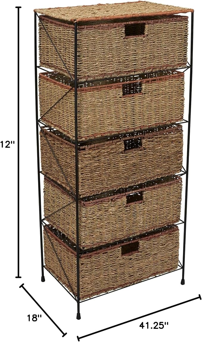 Household Essentials 5 Drawer Seagrass Wicker Storage Tower - Image 3
