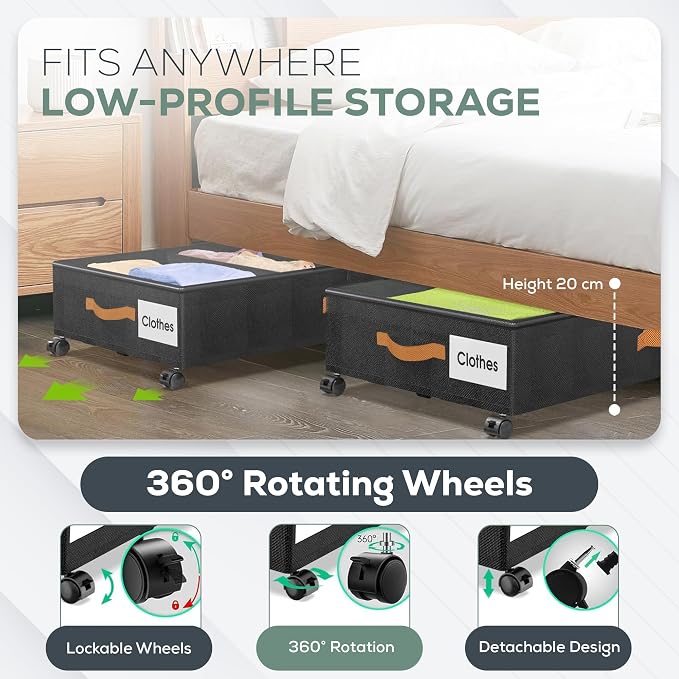 Under Bed Storage with Wheels, 2 Pack| Low Profile Storage Organizer with Clear - Image 4