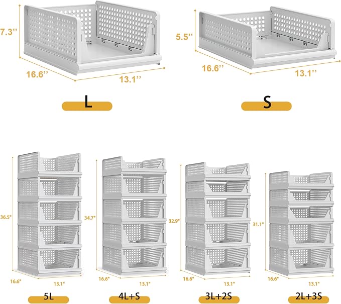 Proarea 5 Pack Stackable Plastic Storage Basket Closet Organizer Bin Foldable - Image 5