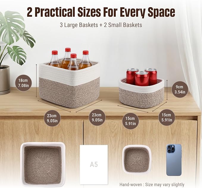 5-Pack Storage Cubes Woven Rope Baskets, 2 Sizes Organizer Bins | Ideal - Image 2