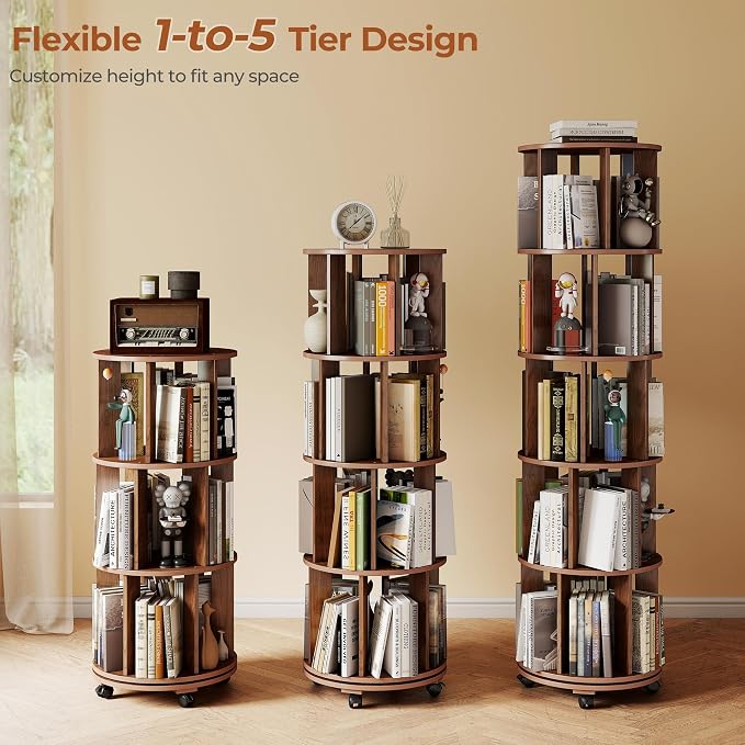 5-Tier Rotating Bookshelf on Wheels, 360° Spinning Bookshelf Tower, Round - Image 5