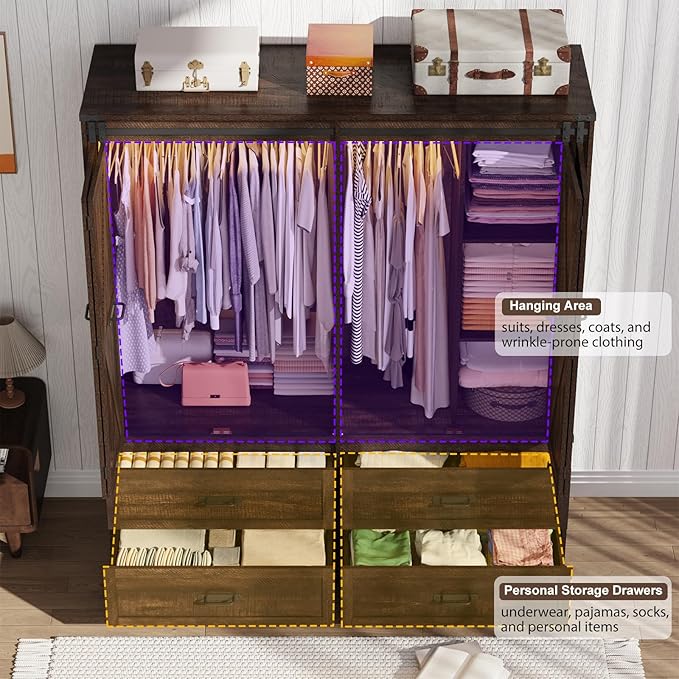 Farmhouse 4 Doors Armoire Wardrobe Closet w/Folding Sliding Barn Door and Lights - Image 5