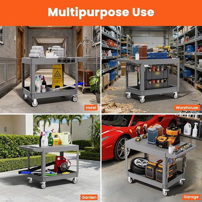 2 Tier Plastic Rolling Utility Cart on Wheels, Heavy Duty Tool Cart - Image 8