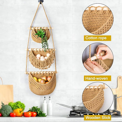 Lawei 3 Tier Hanging Fruit Basket, Wall Hanging Vegetable Fruit Baskets Cotton - Image 3
