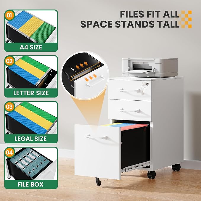 3 Drawer Slim File Cabinet, Mobile File Cabinet - Image 4