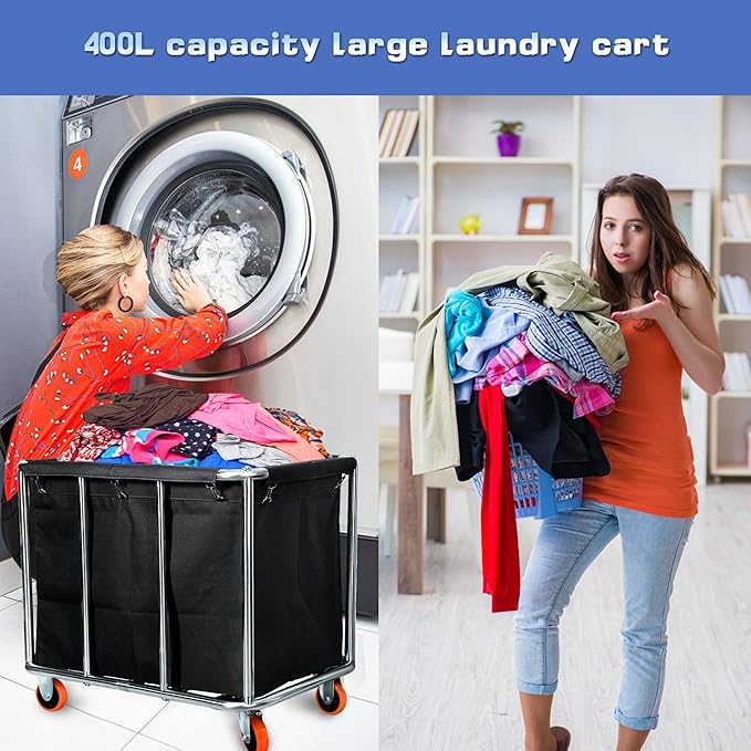Commercial Laundry Cart with Wheels, 400L Large Capacity Heavy Duty Stainless - Image 4