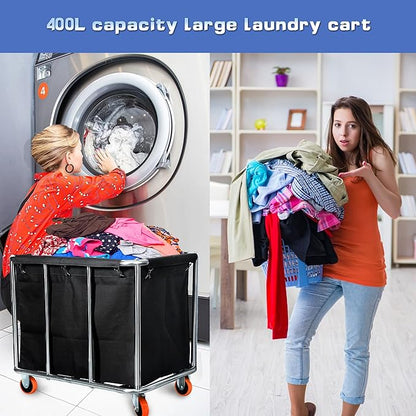 Commercial Laundry Cart with Wheels, 400L Large Capacity Heavy Duty Stainless - Image 4