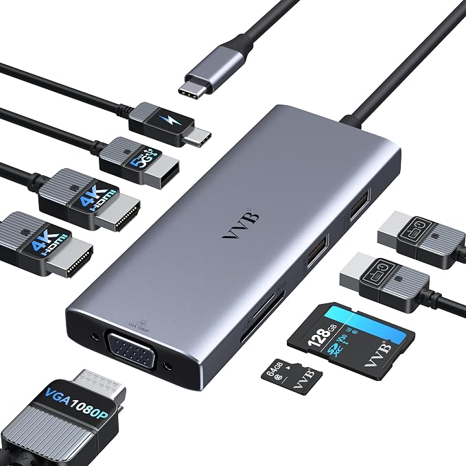 Docking Station 3 Monitors USB C Docking Station Dual Monitor HDMI Adapter by VVB
