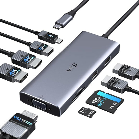 Docking Station 3 Monitors USB C Docking Station Dual Monitor HDMI Adapter by VVB