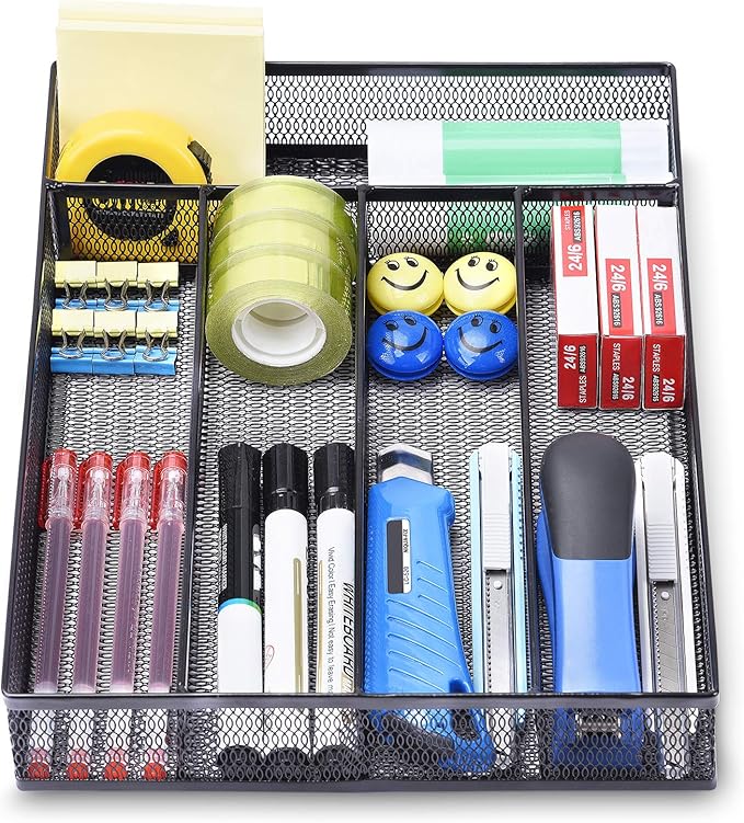 WuGeShop Office Desk Drawer Organizer, 5 Compartments Mesh Drawer Organizer Tray - Image 2