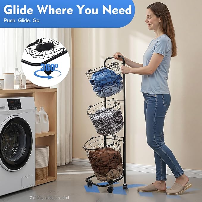 Laundry Basket on Wheels, 3 Tier Large Laundry Hampers, 10.4 * 13 * 48.4inch - Image 3