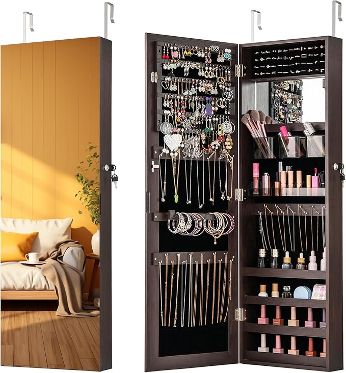 CHARMAID Jewelry Cabinet Wall or Door Mounted, Hanging Lockable Jewelry Armoire by CHARMAID