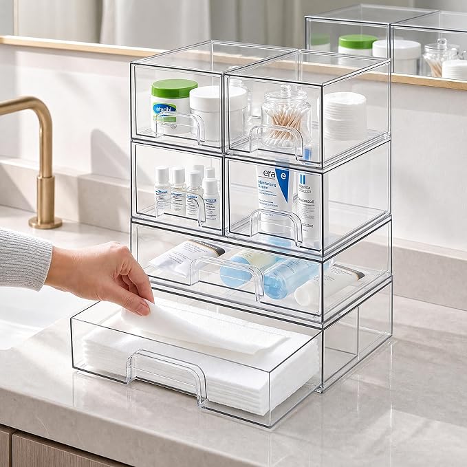 Clear Stackable Storage Drawers, Acrylic Bathroom Makeup Organizer, Plastic Bins - Image 2