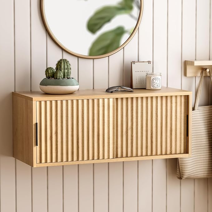 Fluted Wall Cabinet with Sliding Doors, Modern Large Floating Nightstand - Image 6