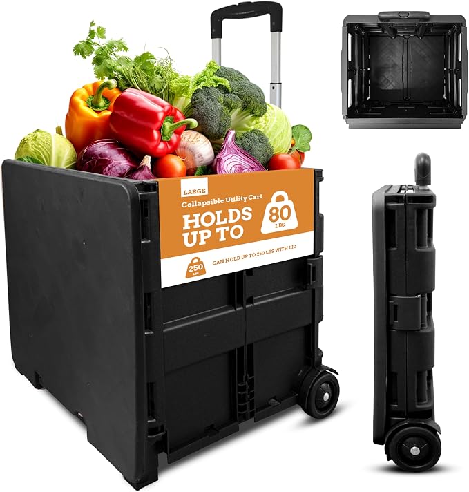 Collapsible Ultra-Slim Pack-N-Roll, 2 Wheel Utility Cart w/Lid used as Seat up by Inspired+Living