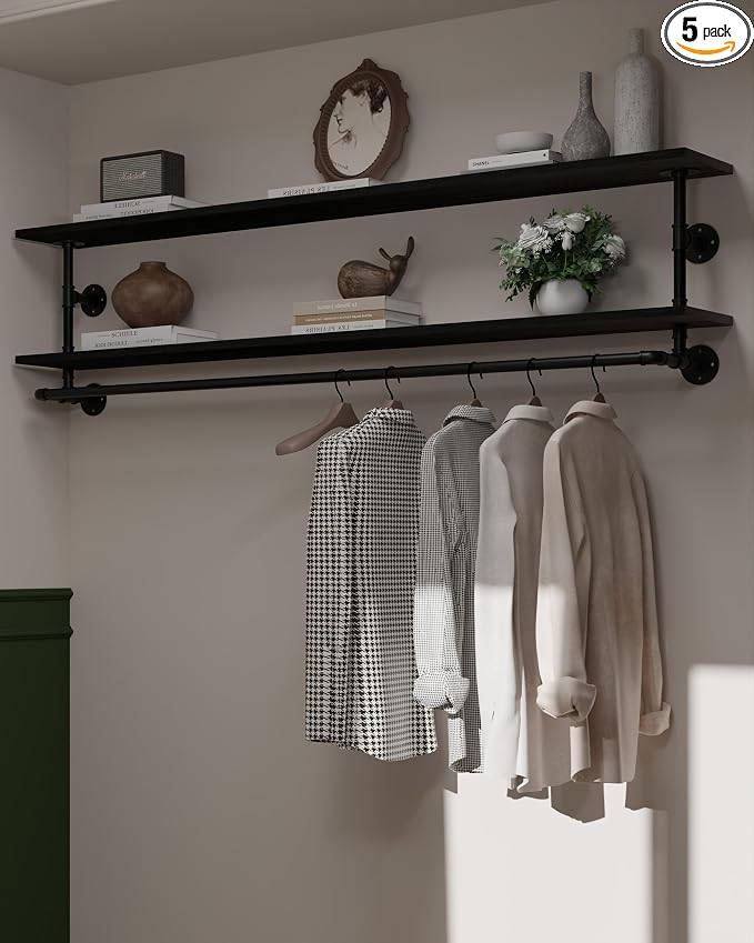 Black Clothes Rack 70in, 2-Tier Wall Mounted Garment Rack by INDUSTRIALSHELVESDESIGN