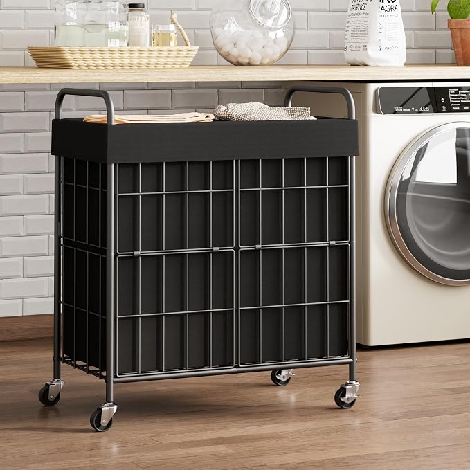 2 Section Laundry Hamper with Wheels and Brake, 100L Laundry Sorter Cart with 2 - Image 2