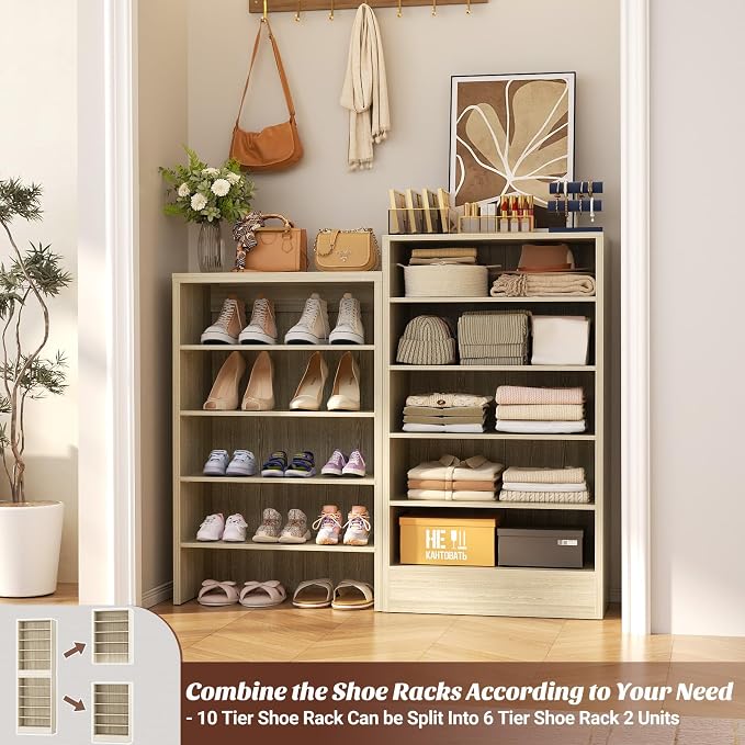 Aheaplus Tall Shoe Cabinet, 10 Tiers Narrow Wood Shoe Rack, Shoe Storage - Image 4