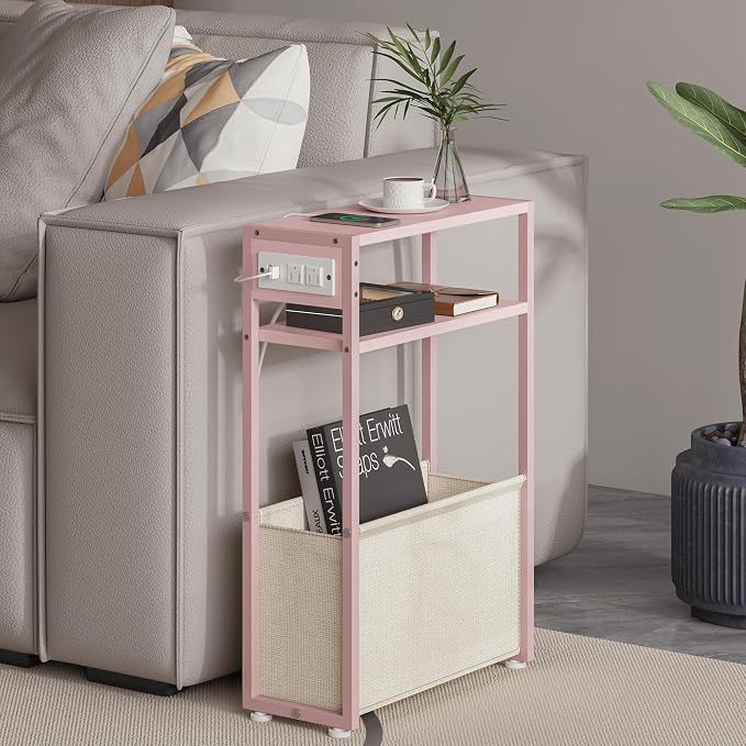 Pink Side Table with Charging Station, Slim End Tables with Linen Basket by Leomonio