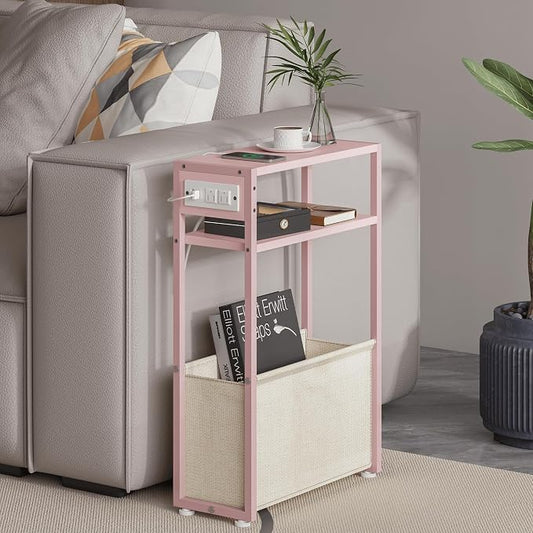 Pink Side Table with Charging Station, Slim End Tables with Linen Basket by Leomonio