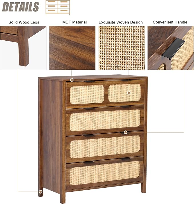 4 Drawer Dresser with Rattan Finish, Modern Farmhouse Chest of Drawers with - Image 5