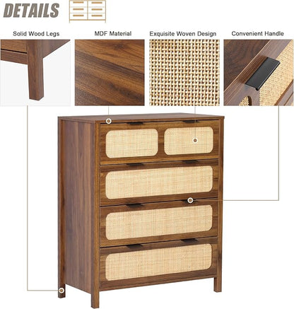 4 Drawer Dresser with Rattan Finish, Modern Farmhouse Chest of Drawers with - Image 5